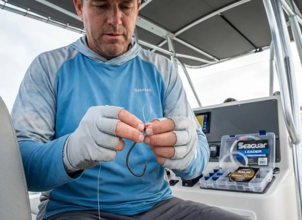 Angler tying Snell knot on straight shank flipping hook with fluorocarbon line