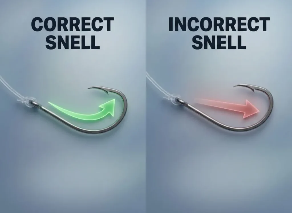 Side-by-side diagram illustrating the mechanics of the Snell Knot. The left shows the correct front-entry rigging with a green arrow indicating inward leverage. The right shows the incorrect back-entry rigging with a red arrow indicating a flat pull.