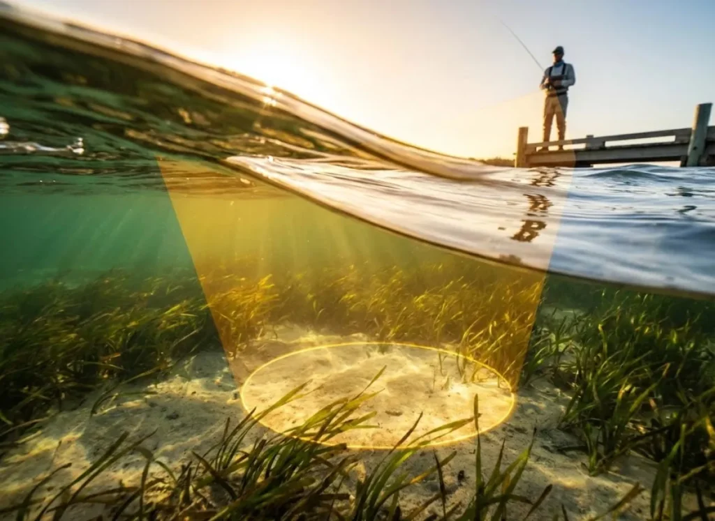 Split-level underwater photography showing the refractive index of water and Snell's window, illustrating how fish see upward toward the surface.