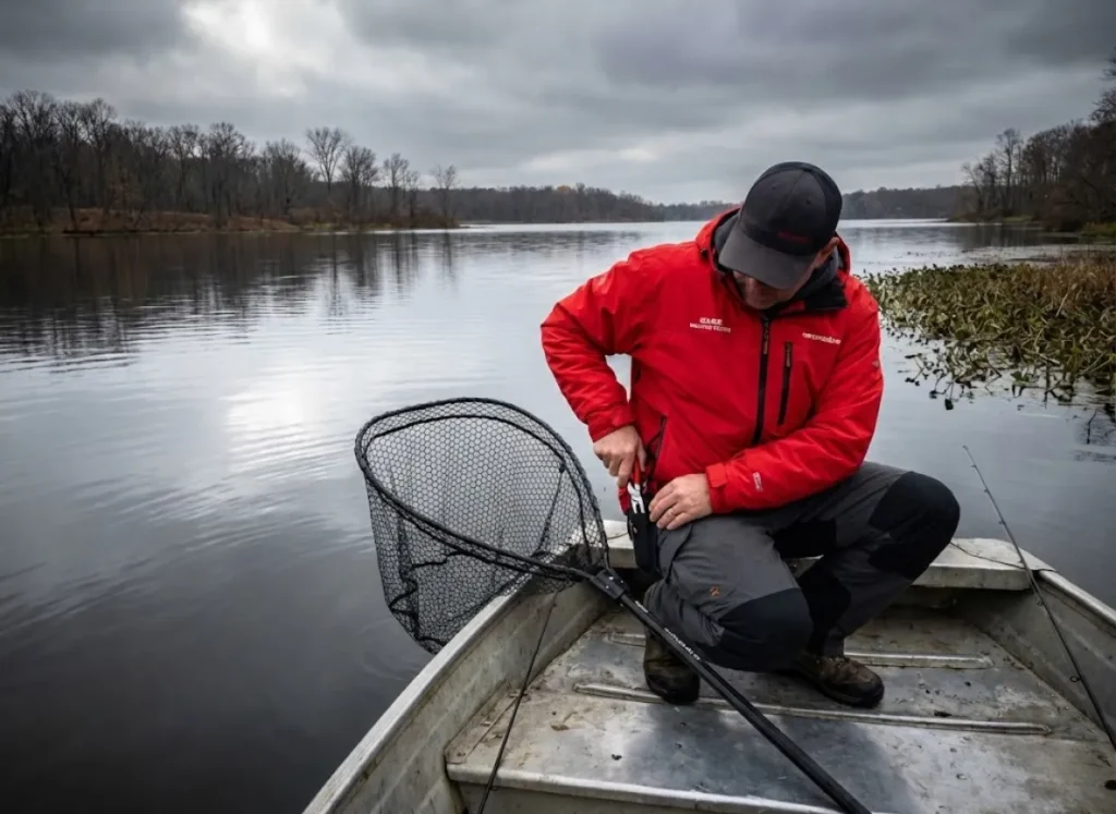 Solo musky angler pre-positioning handling tools for safe single-person fish handling