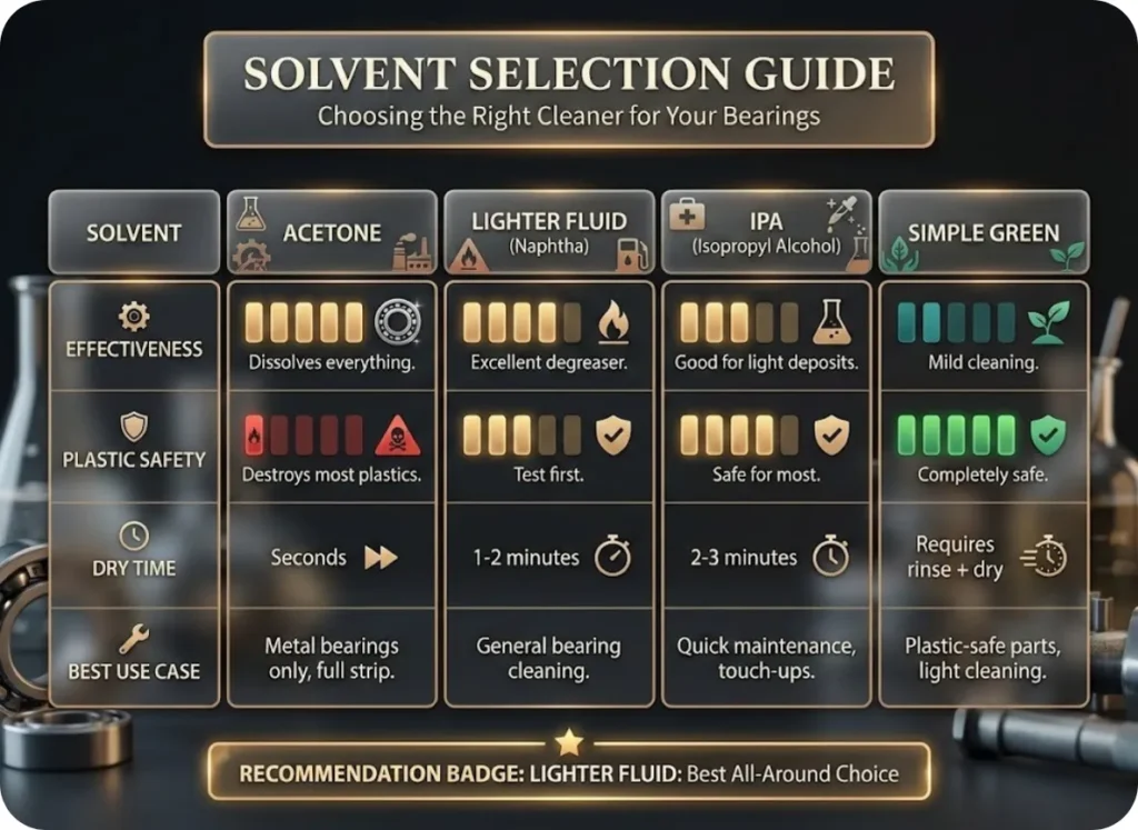 Side-by-side comparison chart titled "Solvent Selection Guide" comparing four bearing cleaning solvents—Acetone, Lighter Fluid, Isopropyl Alcohol, and Simple Green—across effectiveness, plastic safety, dry time, and best use case categories.