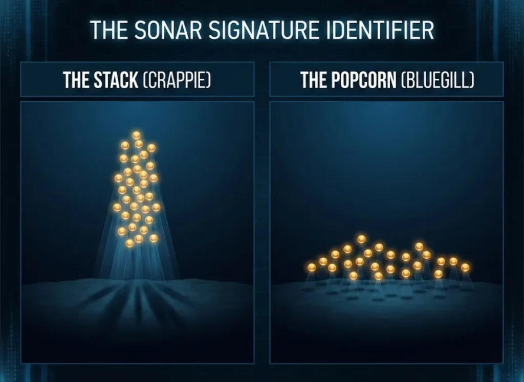 A split-screen educational infographic displaying two distinct sonar fish patterns. The left side, labeled "The Stack," shows Crappie arranged in a vertical tower formation. The right side, labeled "The Popcorn," shows Bluegill scattered horizontally near the bottom.