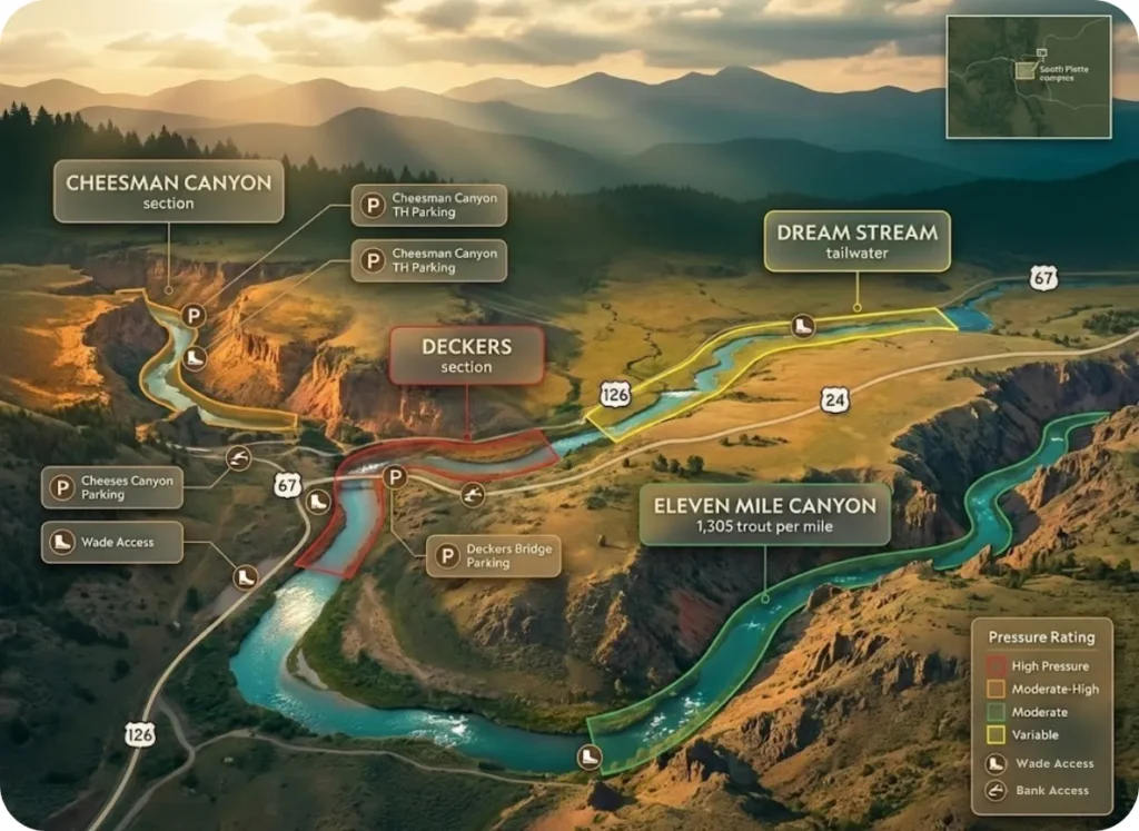 Illustrated map of the South Platte Complex showing Cheesman Canyon, Deckers, Dream Stream, and Eleven Mile Canyon with access points, parking areas, and color-coded fishing pressure ratings for each section.
