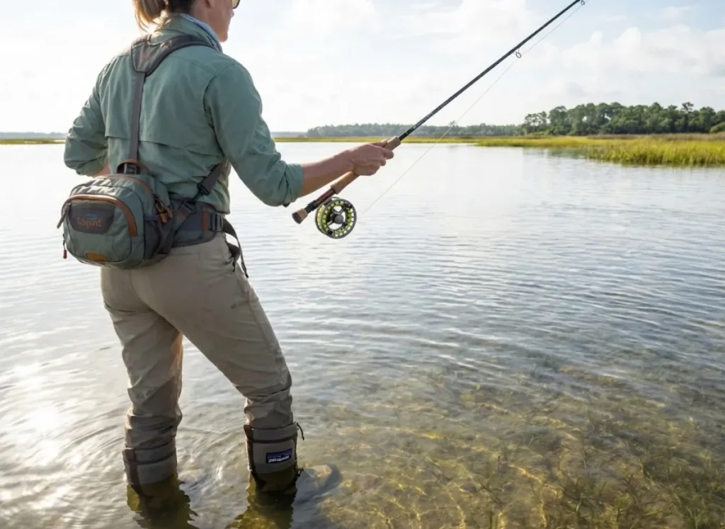 Female angler sight-casting to tailing redfish on shallow grass flat with Orvis fly gear