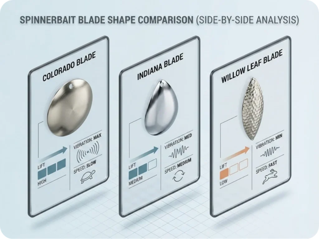 Technical comparison infographic displaying Colorado, Indiana, and Willow spinnerbait blade shapes with lift, vibration, and speed characteristics for bass fishing.