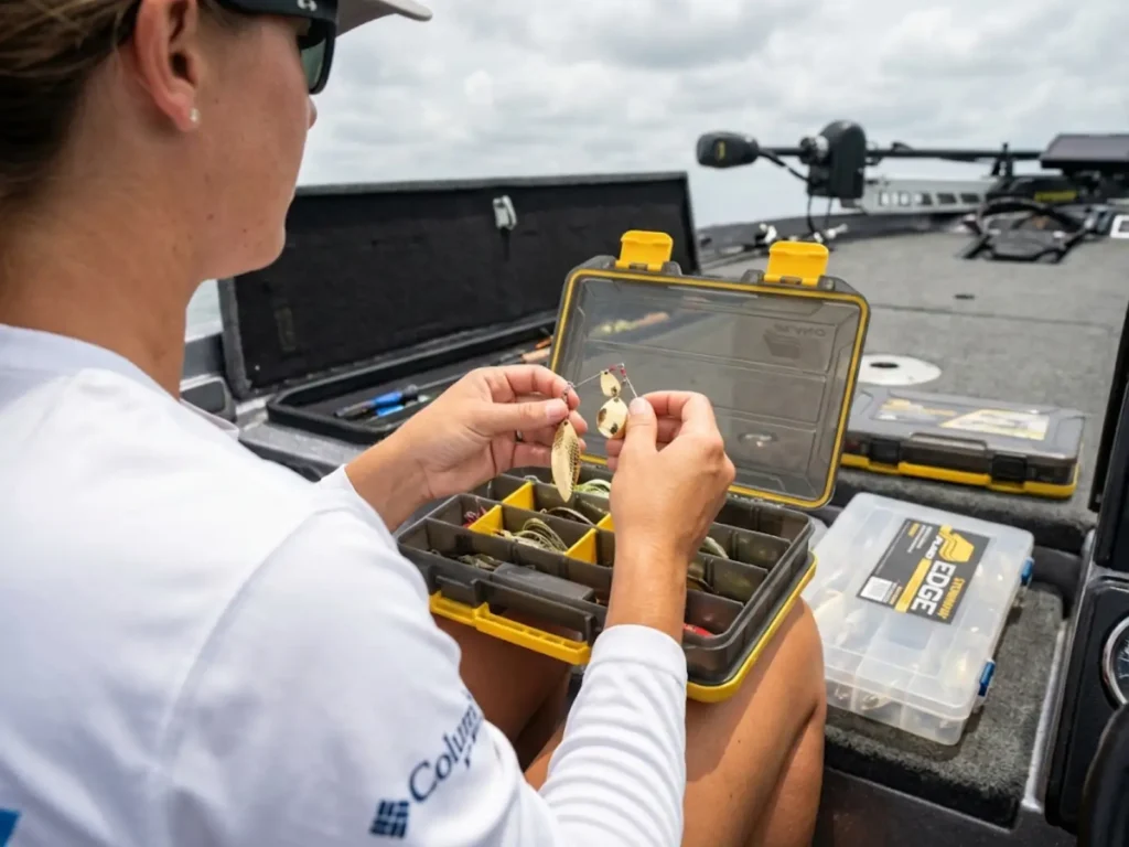 Professional angler selecting spinnerbait blades from Plano Edge box wearing Columbia PFG