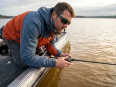 What Water Clarity Tells You About Spinnerbait Blades Angler analyzing water clarity from bass boat deck wearing Simms gear and Costa sunglasses