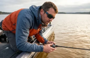 What Water Clarity Tells You About Spinnerbait Blades Angler analyzing water clarity from bass boat deck wearing Simms gear and Costa sunglasses