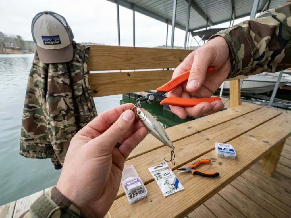 Replacing treble hooks with split ring pliers using simultaneous slide technique on fishing lure