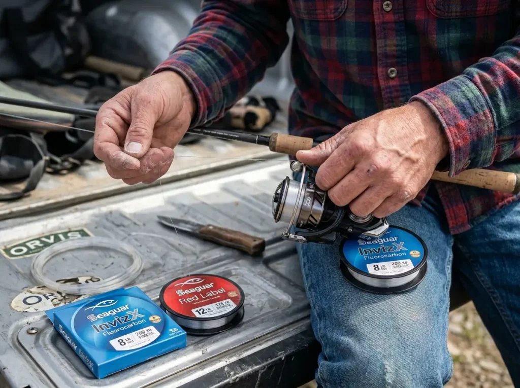 Close-up of hands spooling thin clear fluorocarbon onto a spinning reel for clear-water fishing