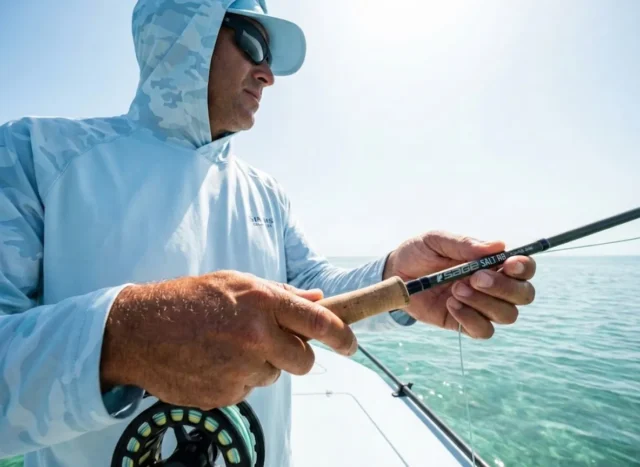 spot-fish-sight-fishing-intro A professional angler on the bow of a skiff in crystal clear shallow water, scanning the horizon with a fly rod in hand, wearing technical Simms fishing gear.