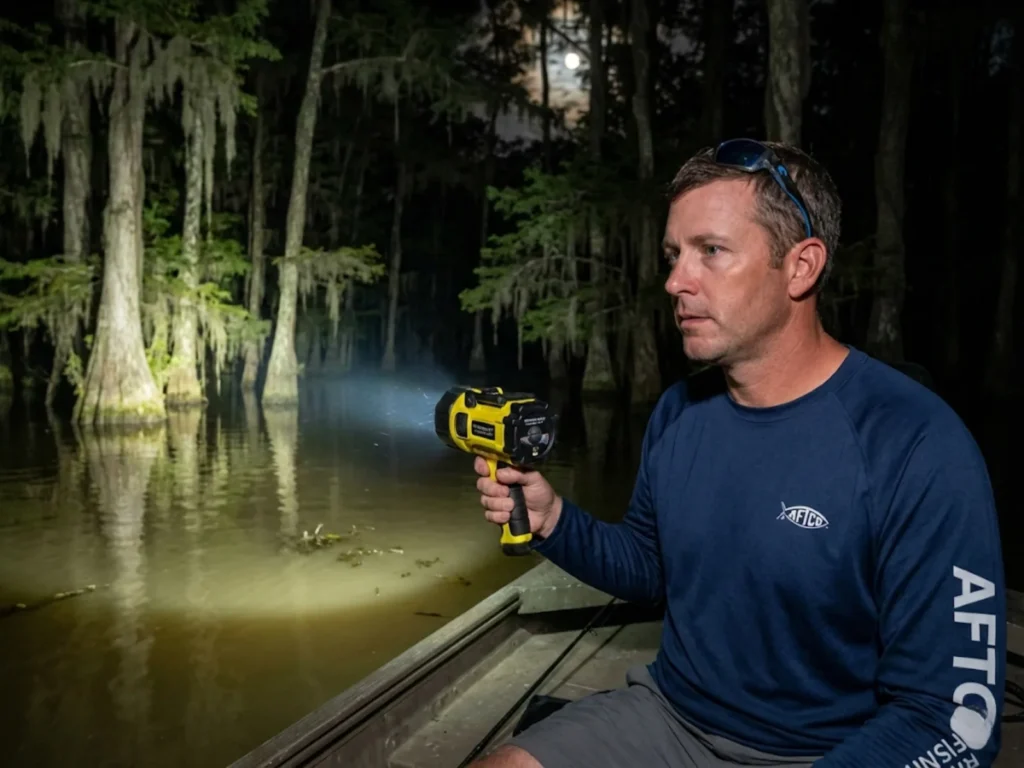 Angler using spotlight to scan for alligators while night fishing in swamp