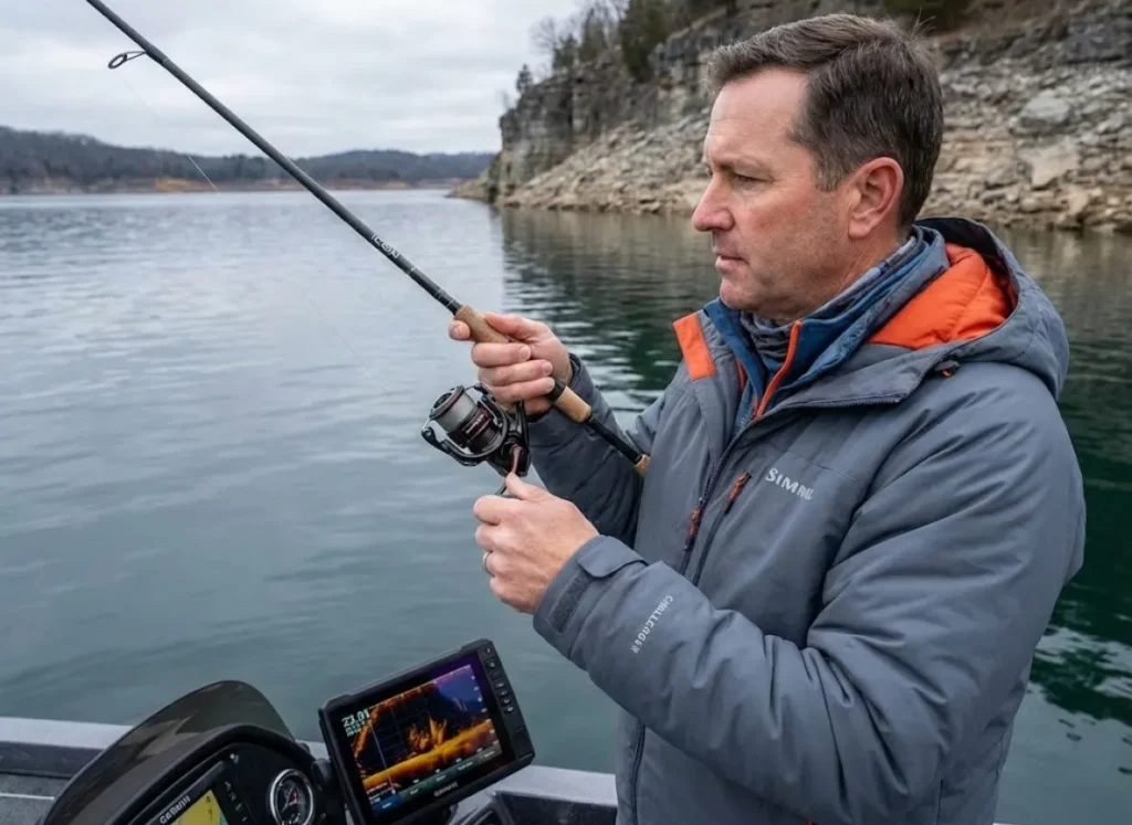 Angler working drop shot rig vertically over deep spotted bass structure with sonar visible