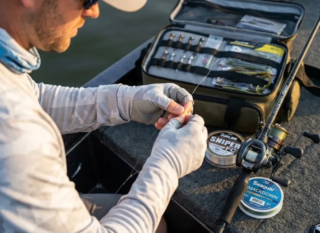 Angler tying FG knot connecting fluorocarbon leader to braid for spotted bass finesse fishing