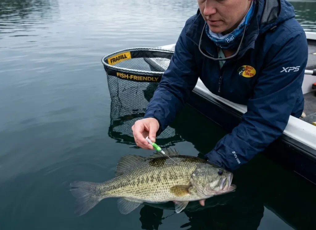 Angler performing fizzing procedure on spotted bass to treat barotrauma before deep water release