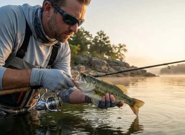 spotted-bass-vs-largemouth-identification-release Angler examining spotted bass jaw before release on clear reservoir water at dawn