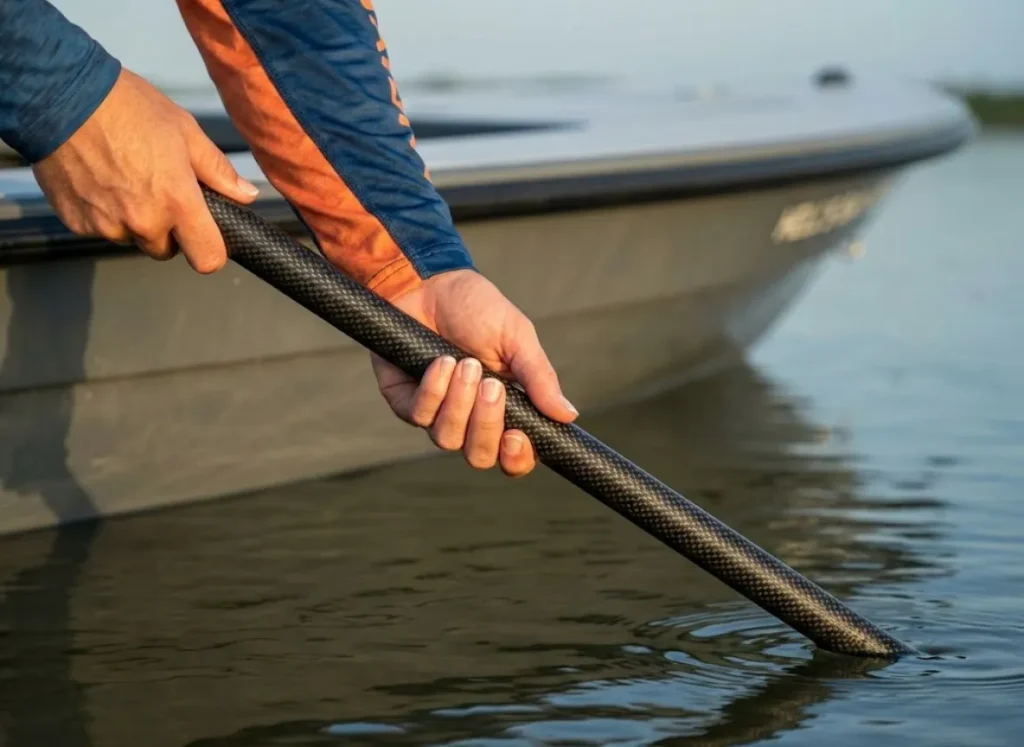 Close up of a fishing guide's hands using a carbon fiber push pole on a flats skiff, demonstrating silent propulsion techniques.