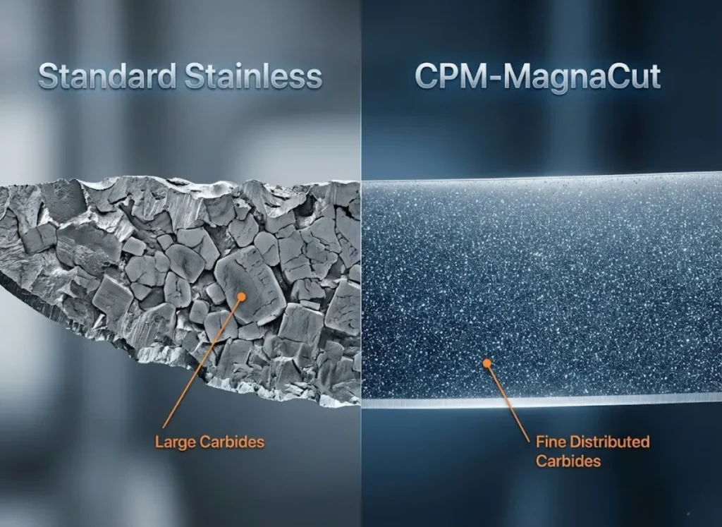 A split-screen microscopic 3D visualization comparing the jagged, large carbides of standard stainless steel against the fine, uniform grain structure of CPM-MagnaCut super steel.