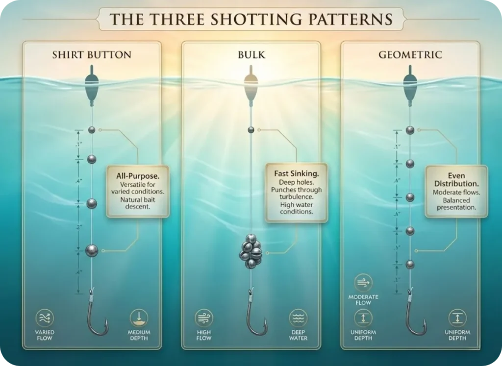 Educational diagram comparing three float fishing shotting patterns side-by-side: Shirt Button spacing, Bulk clustering, and Geometric distribution, showing weight placement along leader with use case recommendations for each configuration.