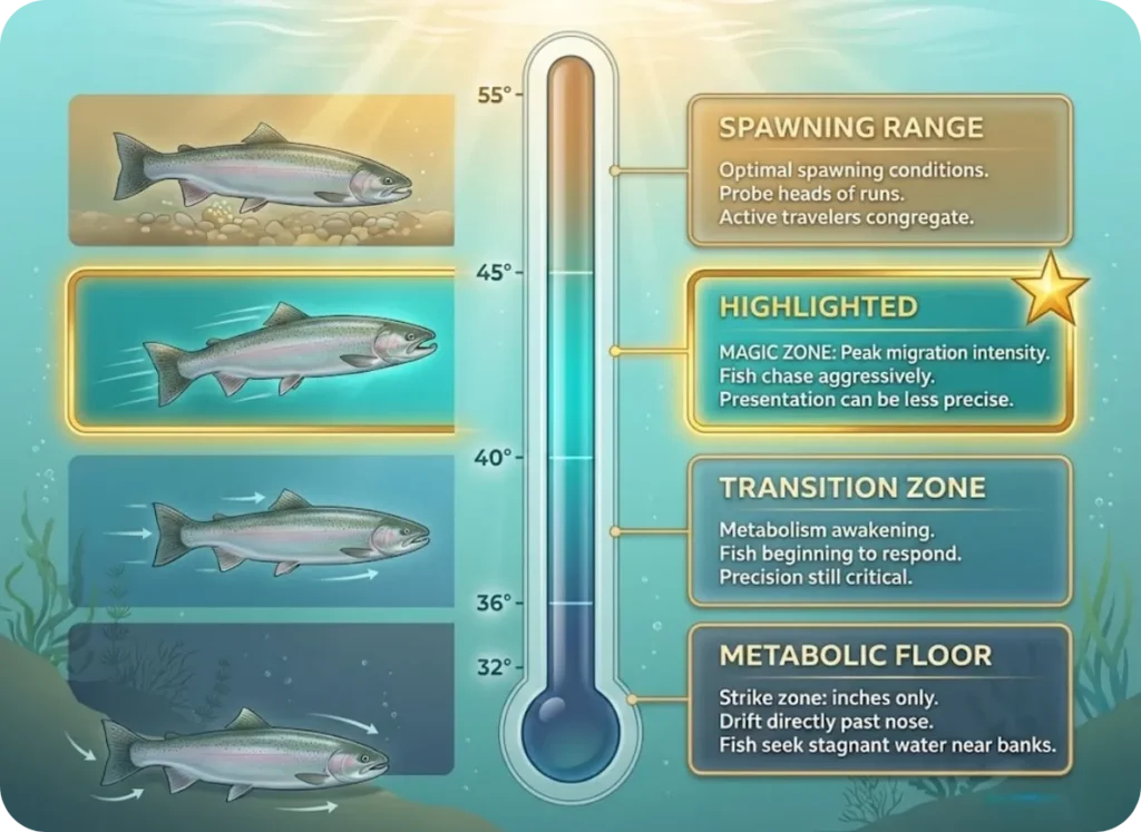 Vertical thermometer infographic displaying steelhead behavior zones across water temperatures from 32-55°F, highlighting the Magic 40-45°F zone where fish become actively aggressive, with metabolism and presentation recommendations for each thermal range.