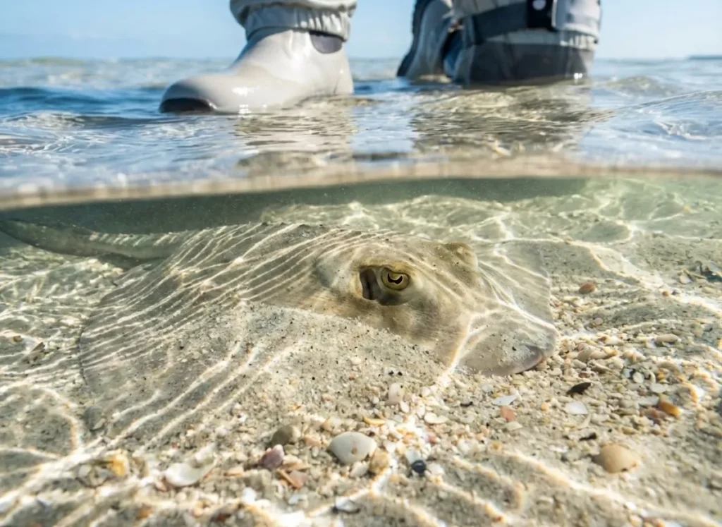 A split-level underwater photograph showing the texture of a sandy ocean floor where a stingray is perfectly camouflaged, with a wading boot approaching from the surface.