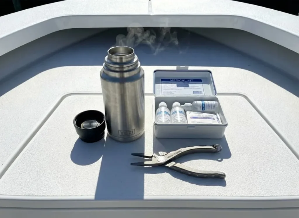 A prepared first aid kit on a boat deck featuring a steaming thermos of hot water, sterile saline, and titanium pliers for stingray injury management.