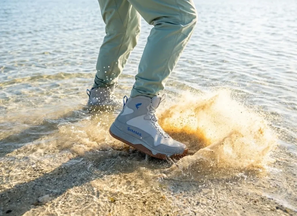 Close-up underwater action shot of a wading boot sliding along the sand, creating a visible cloud of sediment to warn stingrays.