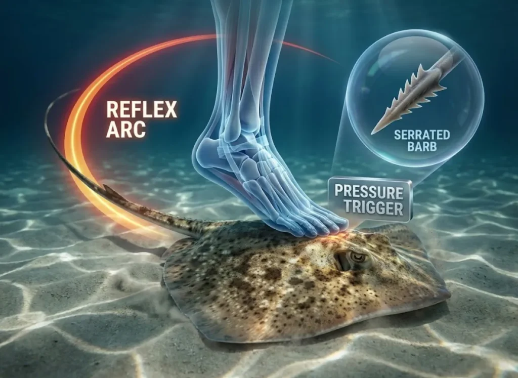 A 3D scientific infographic illustrating the stingray defense mechanism. A cross-section view shows a foot applying pressure to the stingray's disc, triggering a red trajectory line indicating the tail whipping forward. Callouts highlight the serrated barb and the reflex arc.