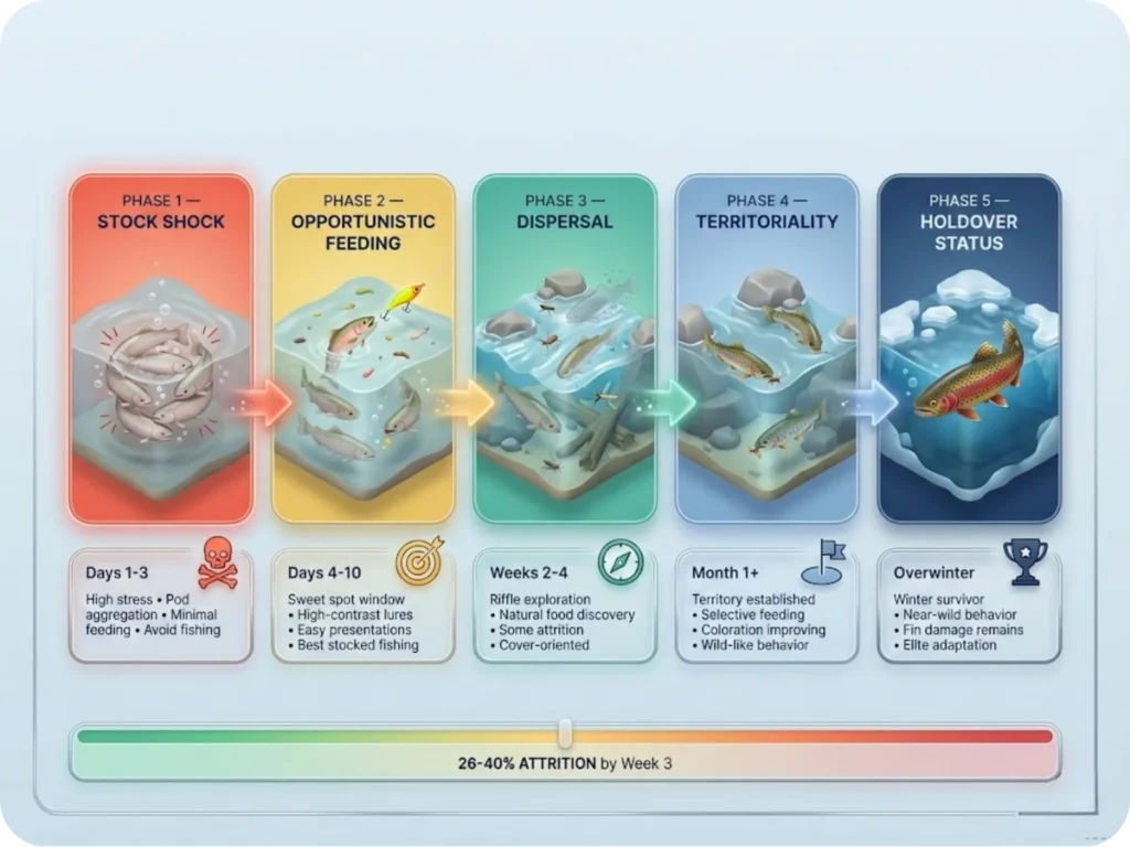 Timeline infographic showing the five acclimation phases of stocked trout from release to holdover status, including Stock Shock, Opportunistic Feeding, Dispersal, Territoriality, and Overwinter stages with behavioral descriptions and fishing tactics for each phase.