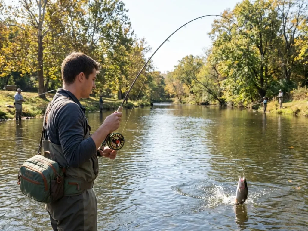 Angler fighting stocked rainbow trout with high rod tip inducing surface splash behavior