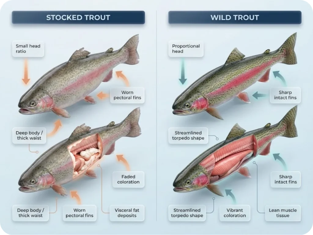 Side-by-side anatomical comparison infographic showing the key physical differences between hatchery-raised stocked trout and wild-born trout, including body shape, fin structure, coloration, and internal fat composition.
