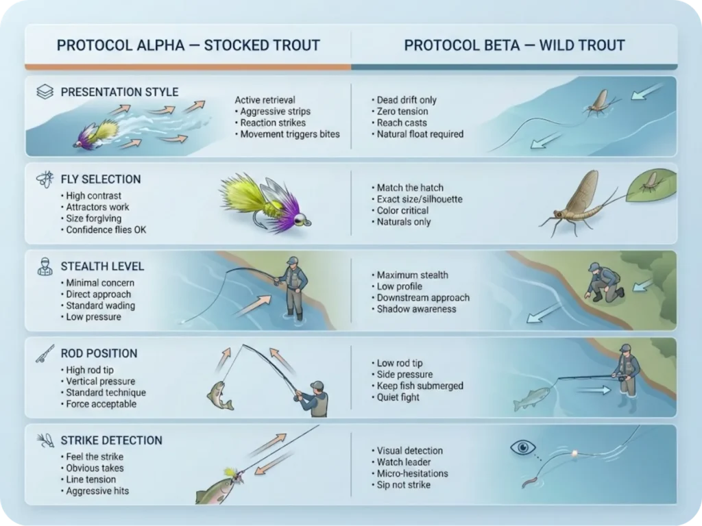 Split-screen tactical comparison matrix showing Protocol Alpha techniques for stocked trout versus Protocol Beta techniques for wild trout, covering presentation style, fly selection, stealth level, rod position, and strike detection methods.