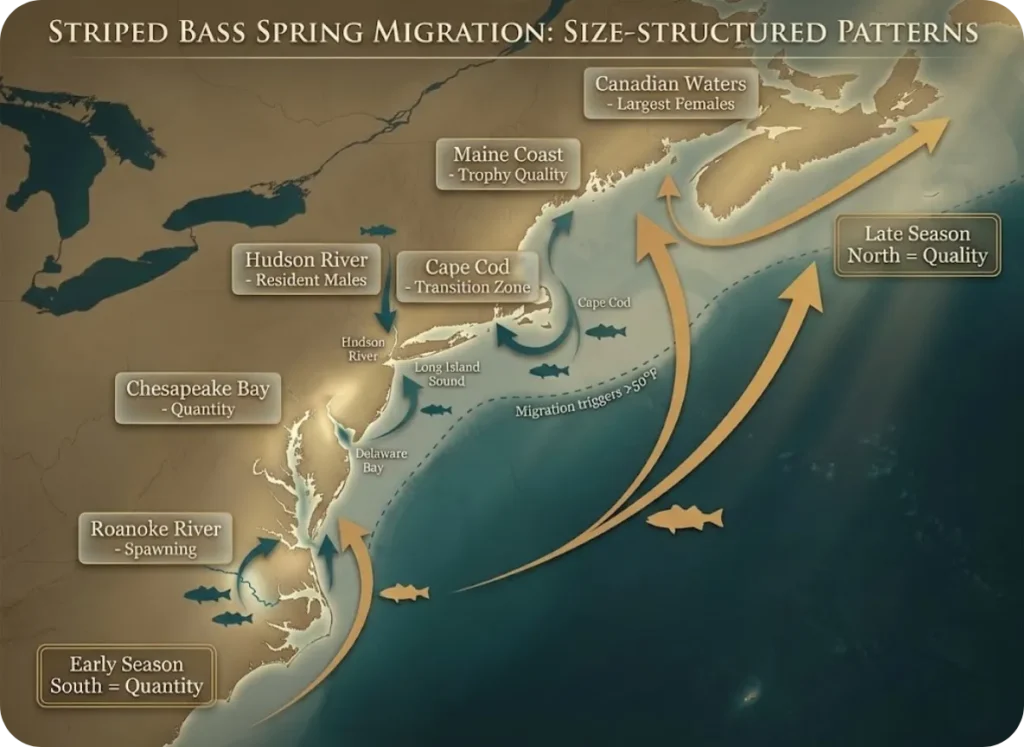 Atlantic coastline map from North Carolina to Maine showing striped bass size-structured migration with color-coded arrows—smaller males staying in southern estuaries while large trophy females travel north to Maine and Canada.