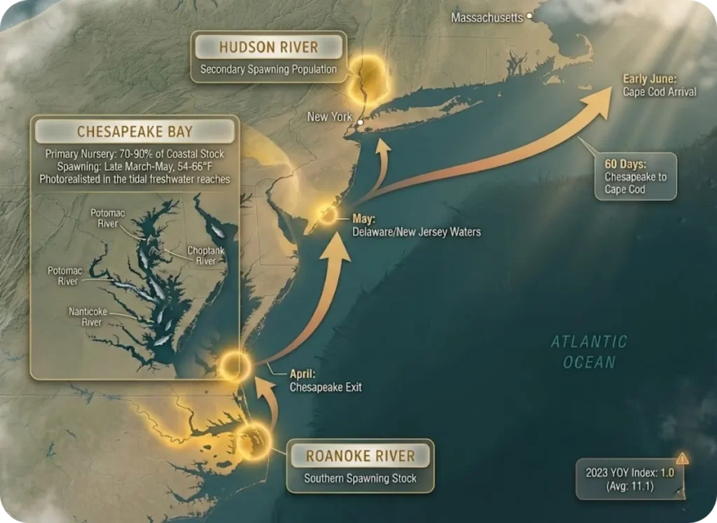 Eastern seaboard map infographic showing Chesapeake Bay, Hudson River, and Roanoke River striped bass spawning zones with arrows depicting northward coastal migration routes and seasonal timing labels from April through June.