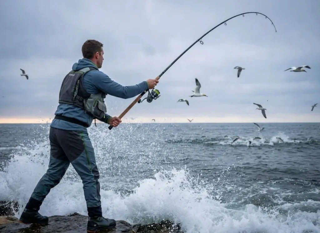 Surfcaster targeting striped bass blitz on menhaden at Montauk Point