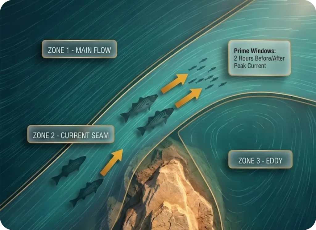 Overhead infographic diagram showing water current striking a rock structure, depicting main flow, current seam transition zone, eddy formation, and striped bass ambush positioning with attack vector arrows indicating how predators intercept disoriented prey.