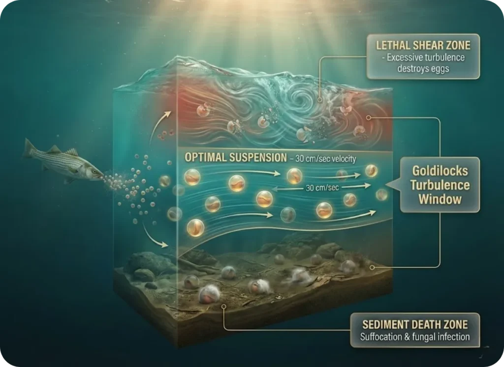 Scientific cross-section infographic showing striped bass egg suspension mechanics in river current, with optimal 30 cm/sec flow zone, lethal shear stress regions, and sediment danger zone at bottom—illustrating the narrow "Goldilocks" window for successful spawning.