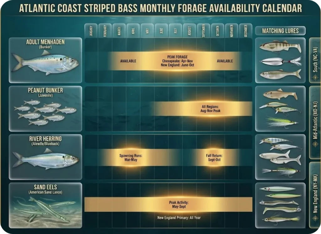 Monthly forage availability calendar infographic for striped bass along the Atlantic coast showing when Adult Menhaden, Peanut Bunker, River Herring, and Sand Eels are available by region with matching lure and fly pattern recommendations.