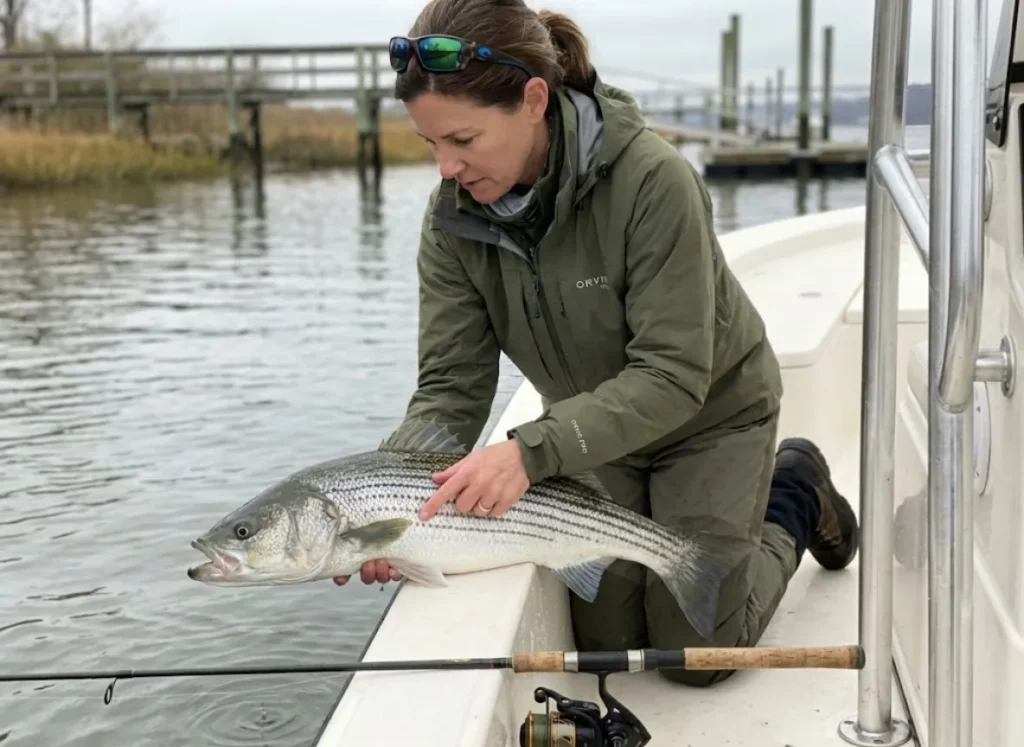 Angler releasing large striped bass at sunrise Atlantic coast conservation-focused catch and release