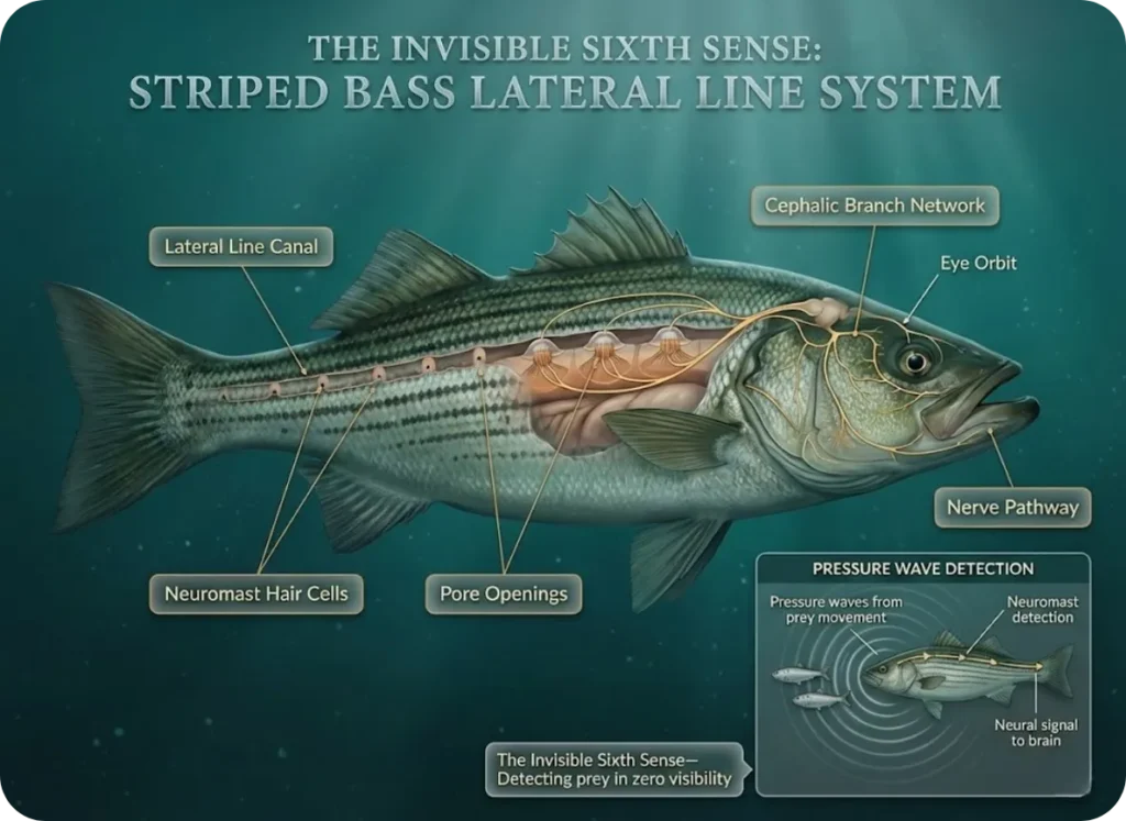 Anatomical infographic of striped bass head and flank revealing the lateral line canal system and neuromast positions, with inset diagram showing how pressure waves from fleeing prey are detected—visualizing this invisible sensory organ.