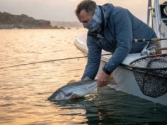 Striped Bass Biology for Anglers: From Spawning to Strike Zone Angler releasing large striped bass at sunrise Atlantic coast conservation-focused catch and release