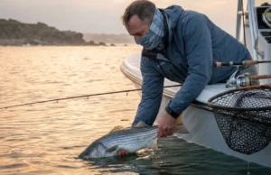 Striped Bass Biology for Anglers: From Spawning to Strike Zone Angler releasing large striped bass at sunrise Atlantic coast conservation-focused catch and release