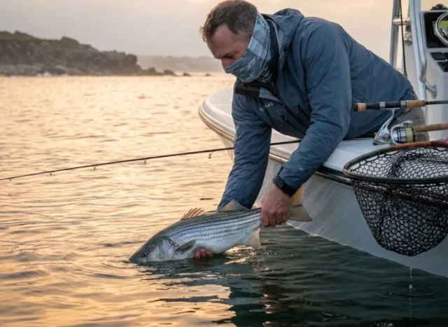 striped-bass-release-atlantic-coast-dawn Angler releasing large striped bass at sunrise Atlantic coast conservation-focused catch and release