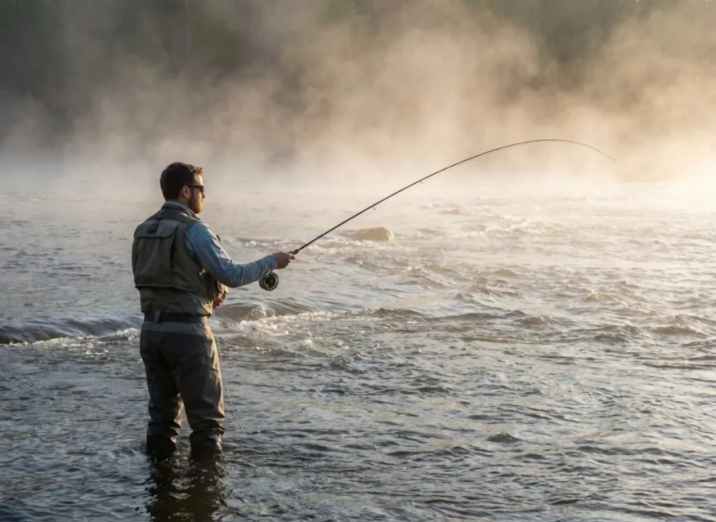 Angler studying striped bass lateral stripes Hudson River estuary temperate bass identification