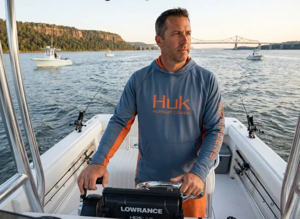 Charter captain navigating Hudson River estuary during striped bass spring migration