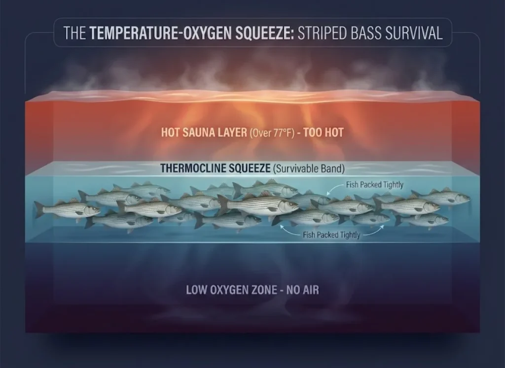 A cross-section infographic showing a lake's layers. The top is a red 'HOT SAUNA LAYER', the bottom is a dark 'LOW OXYGEN ZONE'. Striped bass are trapped in a narrow, middle 'THERMOCLINE SQUEEZE' band. Text explains how this dictates survival.