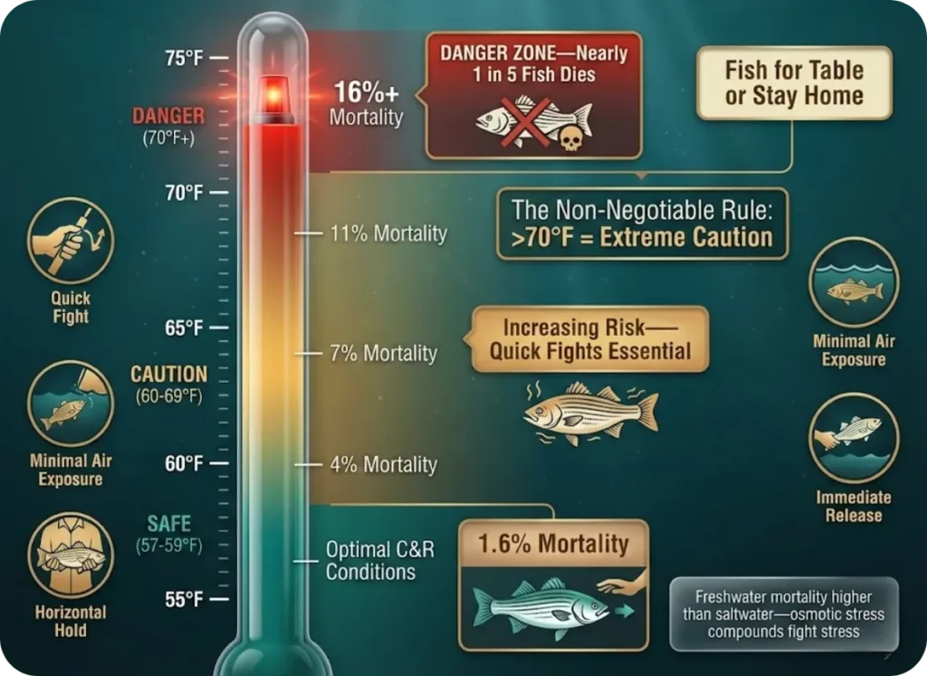 Temperature gauge infographic showing striped bass catch-and-release mortality rates at different water temperatures—from 1.6% at 57°F safe zone through danger zone to 16%+ mortality above 70°F, with green-to-red color gradient warning.
