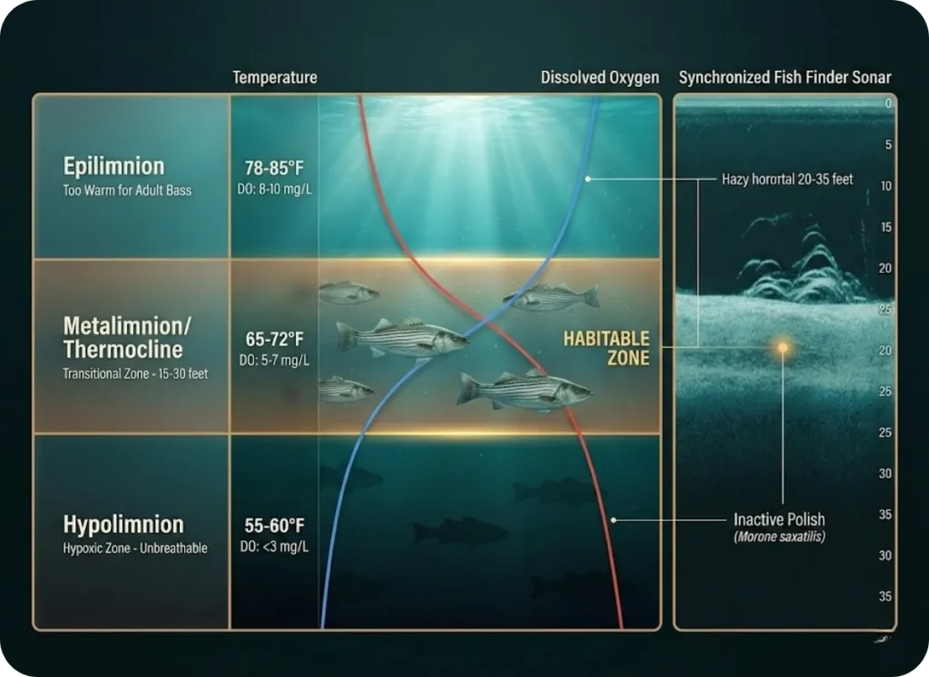 Cross-section infographic showing lake stratification layers (epilimnion, metalimnion, hypolimnion) with temperature and dissolved oxygen curves, highlighting the narrow habitable zone where striped bass hold and how this thermal squeeze appears on a fish finder display.