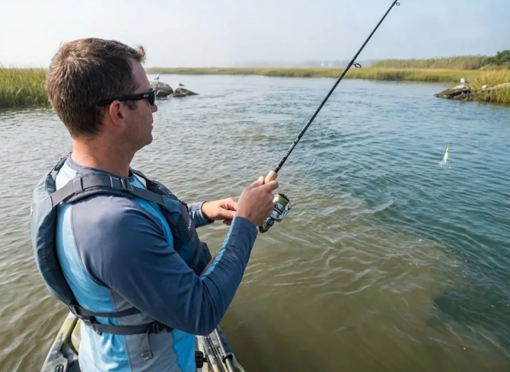 Kayak angler casting bucktail jig into tidal current seam for striped bass