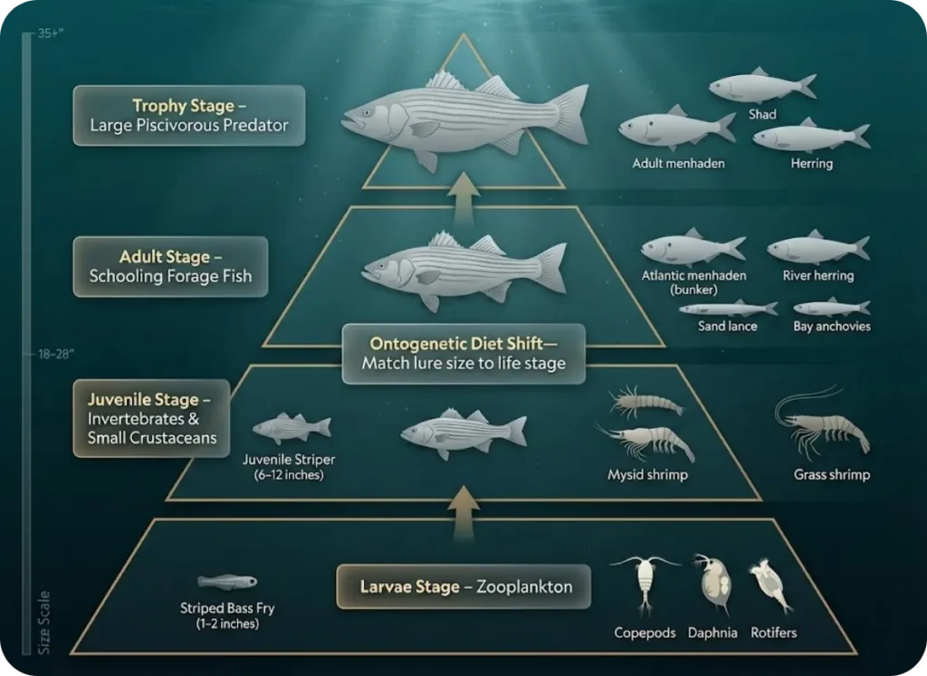 Vertical trophic ladder infographic showing striped bass ontogenetic diet shift from larvae eating zooplankton through juvenile, adult, and trophy stages with corresponding prey species silhouettes at each level.